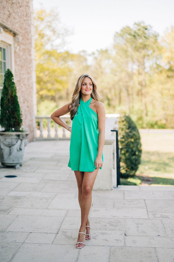 Jasmine Halter Mini Dress - Emerald Satin