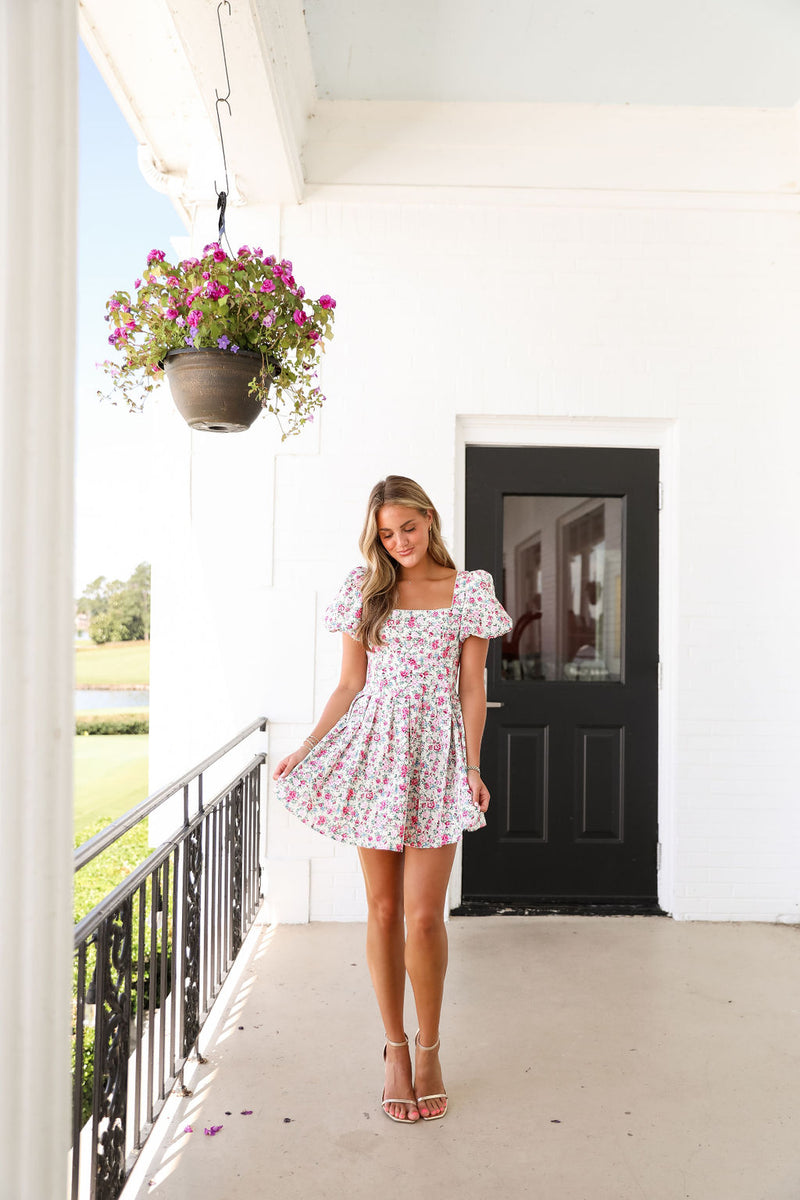 Sally Mini Dress - White/Pink Floral
