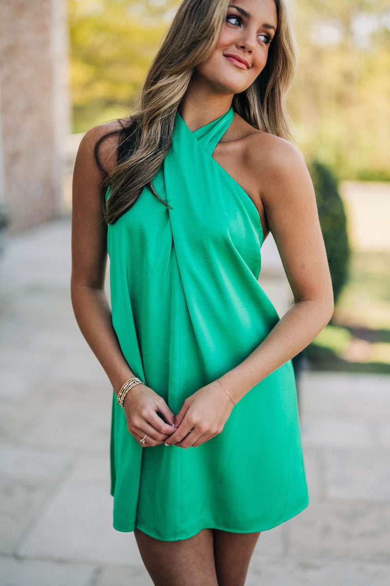 Jasmine Halter Mini Dress - Emerald Satin