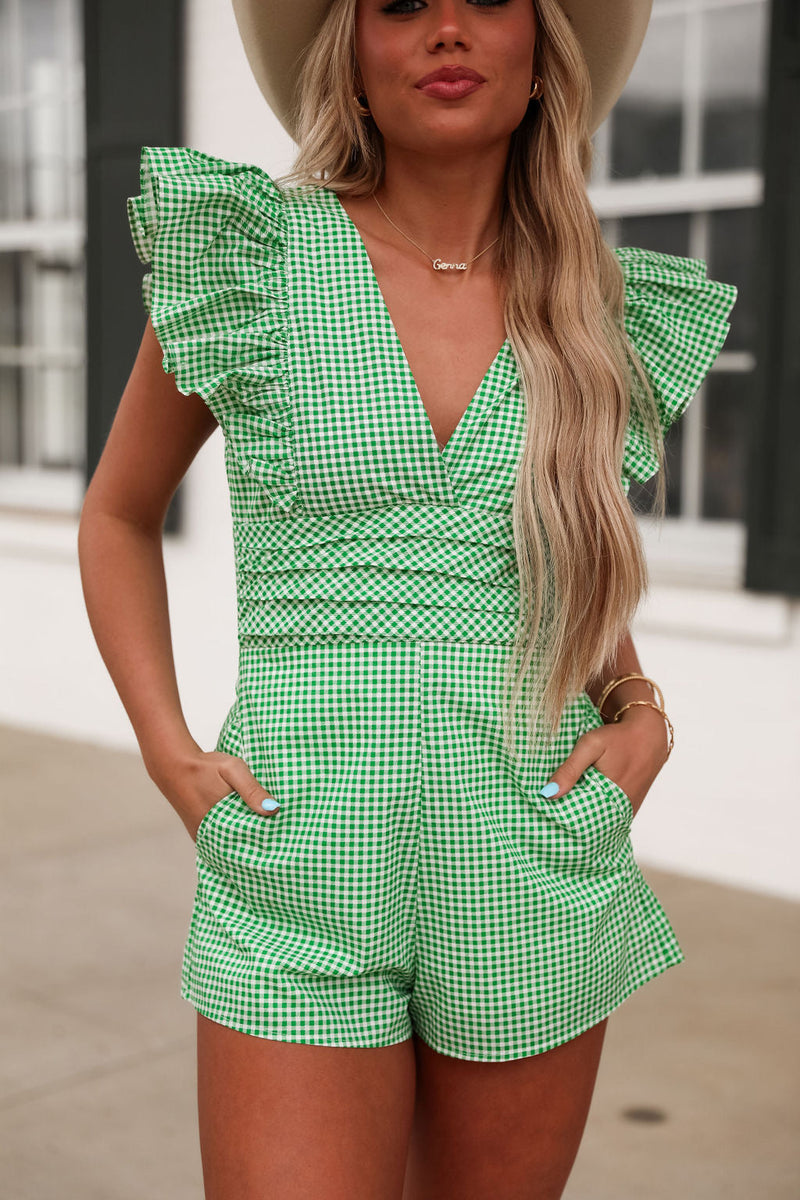 Just For You Gingham Romper - Green and White