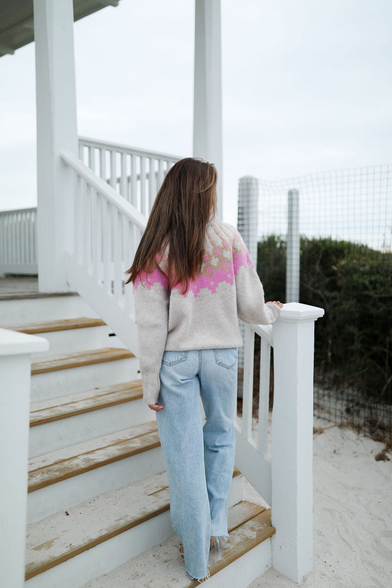 Fair Isle Turtle Neck Sweater - Oatmeal/Pink