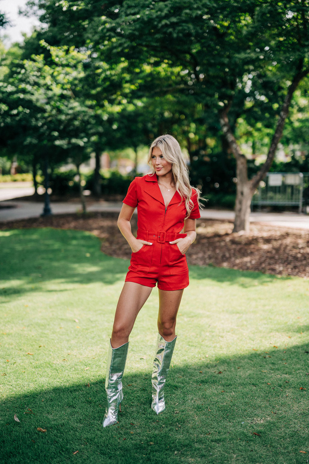 Red denim romper on sale