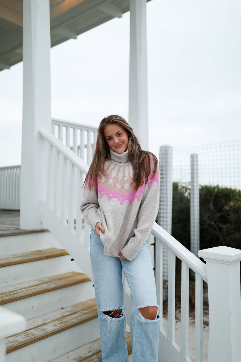Fair Isle Turtle Neck Sweater - Oatmeal/Pink