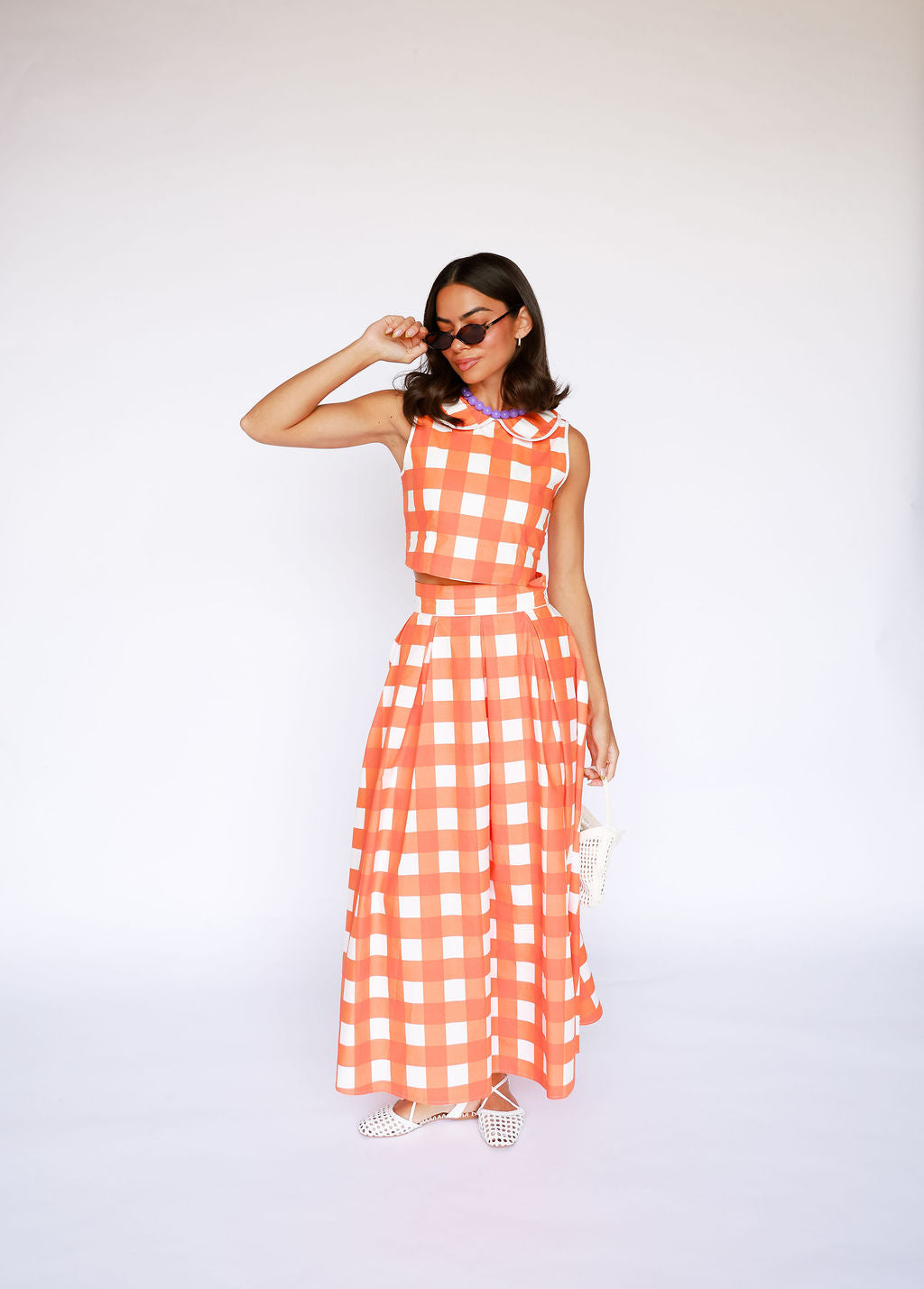 orange and white checkered dress Valley Set Cutout Back Sheath Dress neck design with a Color:Platinum Multi Slip-On