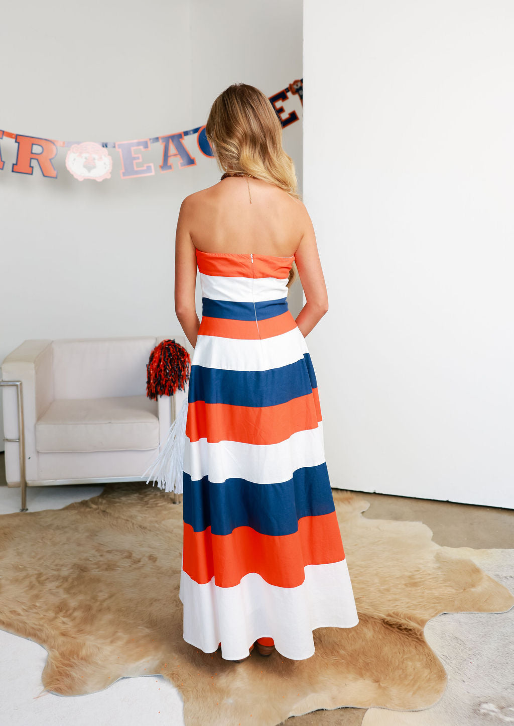blue and orange striped maxi dress Claire Bridal gown