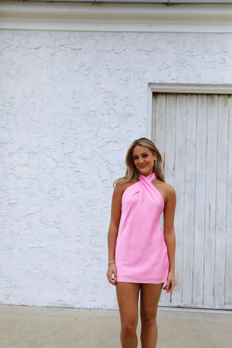 Jasmine Halter Mini Dress - Pink Satin