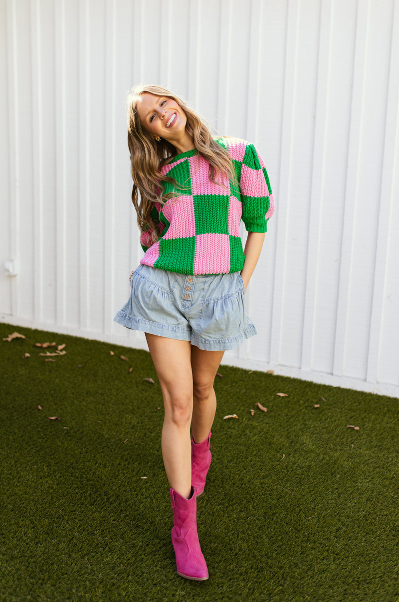 Josie Puff Sleeve Sweater - pink/green
