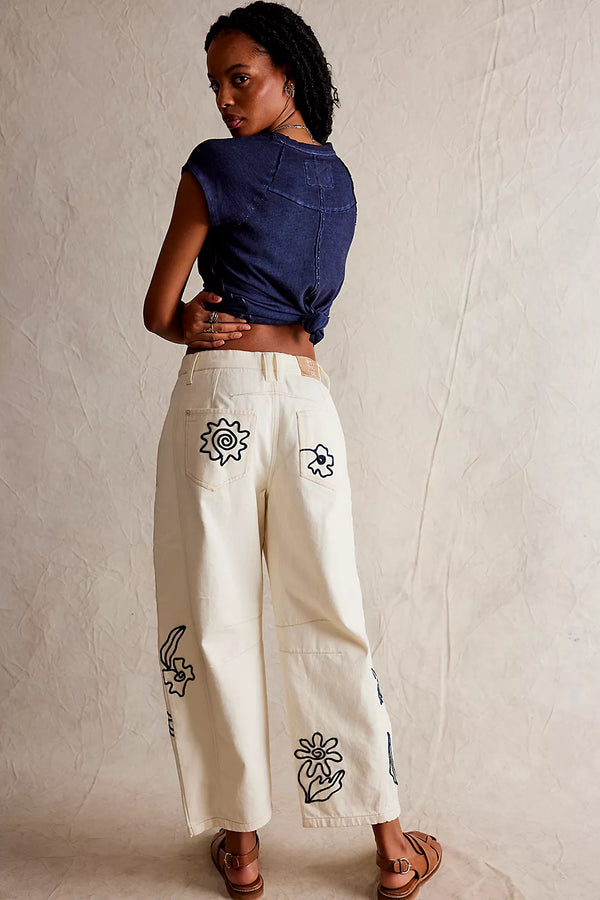 We The Free Good Luck Soutache Barrel Jeans - Ivory Combo