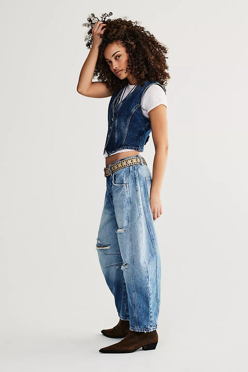 We The Free Good Luck Mid-Rise Barrel Jeans - Barnyard Blue