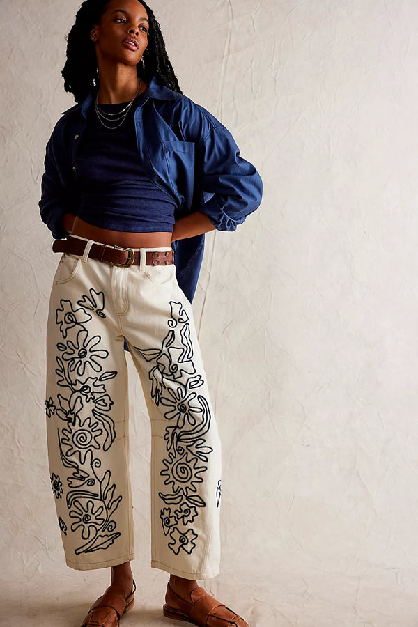 We The Free Good Luck Soutache Barrel Jeans - Ivory Combo